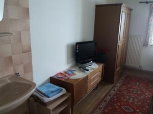 a bathroom with a television on a dresser with a sink at Talhof in Jochberg