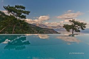 a pool with a view of the ocean and trees at Lux View Villas in Kyra Panagia