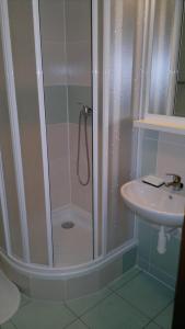 a bathroom with a shower and a sink at Hotel Terek in Štětí