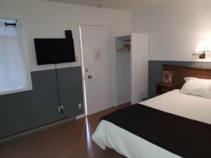 a bedroom with a bed and a flat screen tv at Falcon Nest Motel in Duncan