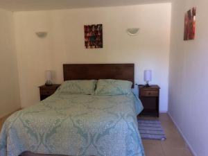 1 dormitorio con 1 cama y 2 mesitas de noche en Cabañas Pichares, en Caburgua