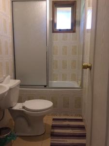 カブルグアにあるCabañas Picharesのバスルーム(トイレ、バスタブ付)、窓が備わります。