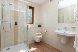 a bathroom with a shower and a toilet and a sink at Villa Sosnowa in Pobierowo
