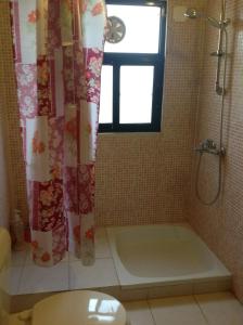 a bathroom with a shower and a toilet and a window at Murshed Motel in Ash Shūnah ash Shamālīyah