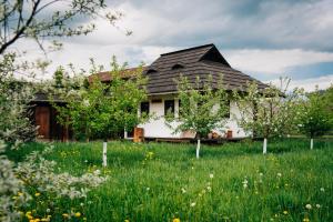 a white house with a black roof in a field at Pension La Roata in Gura Humorului