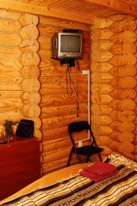 ヴェルホヴィナにあるSadyba Kazkove Dzhereloのベッドルーム1室(テレビ付)、ログキャビン内の椅子