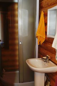 a bathroom with a sink and a shower at Sadyba Kazkove Dzherelo in Verkhovyna