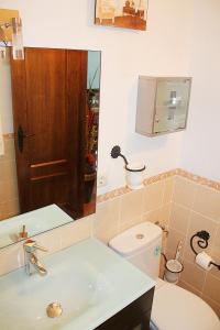 a bathroom with a sink and a toilet and a mirror at Apartment Frasquita Boa in Júzcar