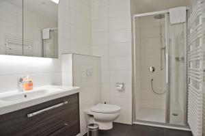 a bathroom with a shower and a toilet and a sink at Apartment Alperose - GriwaRent AG in Interlaken