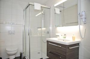 a bathroom with a shower and a sink and a toilet at Apartment Narzisse - GriwaRent AG in Interlaken