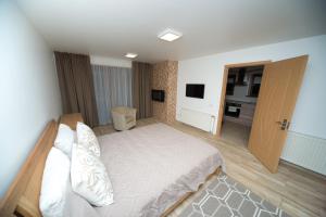 1 dormitorio con 1 cama grande y TV en Petro delux apartments, en Kaunas