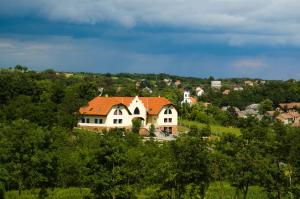 una grande casa bianca con un tetto arancione su una collina di Békesség Szigete, Klasszik Apartman a Súr