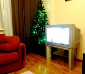 バラシハにあるBalashikha. Apartments on Twardowskiのクリスマスツリーのあるリビングルームのテレビ付き