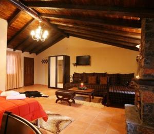 a living room with a bed and a couch at Grand House Suites in Palaios Agios Athanasios