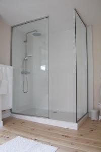 a shower in a bathroom with a glass enclosure at De Koetsier in Lanaken