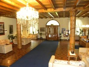 ノーヴァ・レヴァンテにあるResidence Grand Hotel Carezzaのシャンデリアとリビングルームが備わる広い客室です。