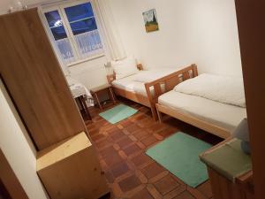 アイゼンエルツにあるEisenerzer Hofのベッド2台とラグ2枚が備わる小さなお部屋です。