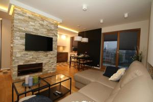 a living room with a couch and a fireplace at Apartament "Park Lotników" in Kraków