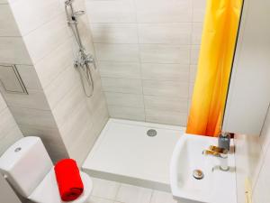 een badkamer met een wit toilet en een douche bij Kotlarska Apartment in Wrocław