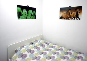 Praga apartment في بوخارست: صورتين للخيول على الحائط فوق سرير
