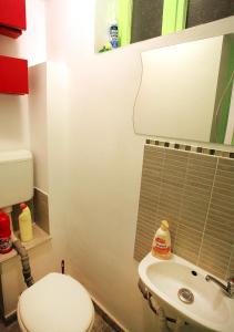 Praga apartment في بوخارست: حمام مع مرحاض ومغسلة