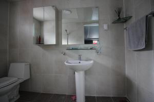 a bathroom with a sink and a toilet and a mirror at House of Forest in Chuncheon
