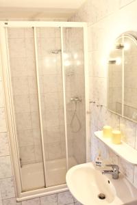a bathroom with a shower and a sink at Pension Haus Rodenstein in Altenbrak