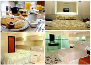 uma colagem de quatro fotos de um quarto e uma cama em Hotel Monte Libano em Paranaguá