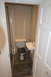 a small bathroom with a toilet and a sink at Little Weech in Dawlish