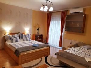 a bedroom with two beds and a window at Dia Apartman in Miskolc