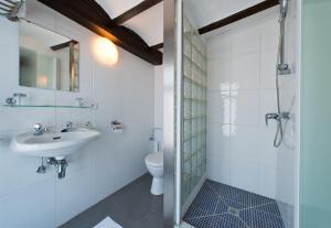 een badkamer met een wastafel, een toilet en een douche bij Auberge Le XIX eme in Thulin