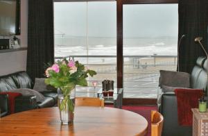 奥斯坦德Appartement met zeezicht max 6 p的一张桌子上的花瓶,享有海滩美景