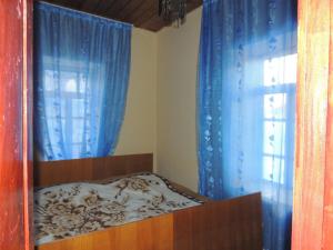 a bedroom with a bed with blue curtains and a window at Maizer Qaldani Guesthouse in Chvabiani