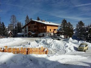 una casa nella neve con le auto parcheggiate di Chalet Frapes a San Martino in Badia