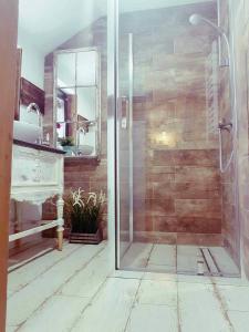a bathroom with a shower with a sink and a mirror at Dom z bali w Rycerce Górnej in Rycerka Górna
