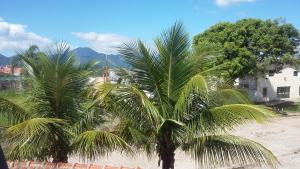 two palm trees on a beach with a house at Maranata Suítes in Peruíbe