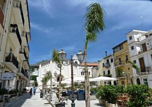 Una palmera en una calle de la ciudad con edificios. en Light Blue House, en Letojanni