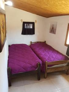 2 camas sentadas en una habitación con sábanas moradas en Carpe Diem, en Aguas Dulces