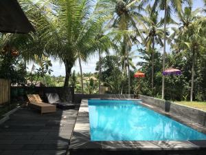 een zwembad in een achtertuin met palmbomen bij Semanggi Cottage in Ubud
