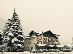 a large snow covered christmas tree in front of a building at Hotel Napoleon in Montjovet