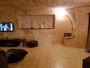 a living room with a tv in a brick wall at Underground Gem in Coober Pedy