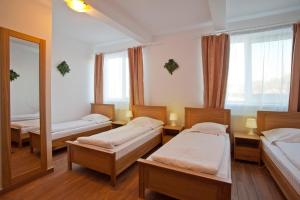 a room with three beds and a mirror at Pension Club Montana in Câmpina