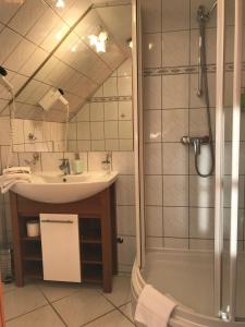 a bathroom with a sink and a shower at Hotel am Schloss - Frankfurt an der Oder in Frankfurt Oder
