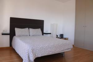 サンタクルス・デ・テネリフェにあるVacacional con vistas corazon Santa Cruzのベッドルーム1室(大型ベッド1台、黒いヘッドボード付)