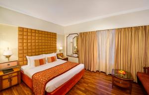 Pride Hotel Pune في بيون: غرفة فندقية بسرير كبير ونافذة