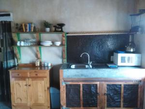 a kitchen with a sink and a microwave at Silwerkaroo Gastehuis in Beaufort West