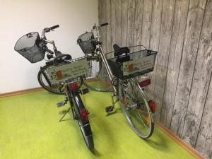 zwei Fahrräder, die nebeneinander in einem Zimmer geparkt werden in der Unterkunft Steffis Hostel Heidelberg in Heidelberg