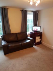 uma sala de estar com um sofá de couro e uma televisão em The Five Bells em Deal