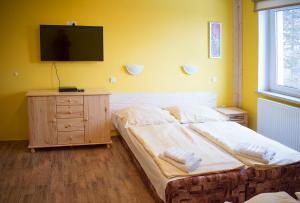 a bedroom with a bed and a tv on a yellow wall at Penzion Čertovy Kameny in Jeseník