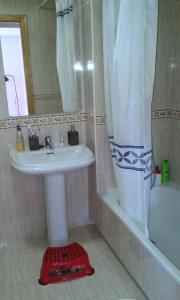 a bathroom with a sink and a shower curtain at Apartamento Paola. Prepirineo. Senderismo, relax... in La Puebla de Castro